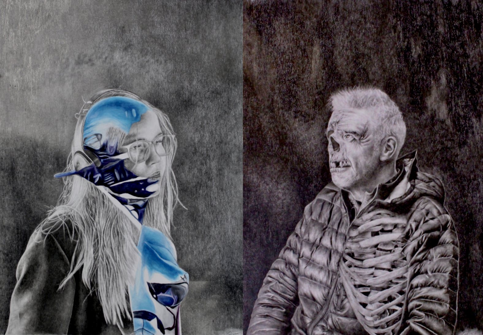 Time2 and Time1, graphite and coloured pencil, 2023